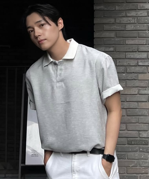 [COUTURE]Collar Point Pullover Gray Oversized Fit Short-Sleeved Shirt