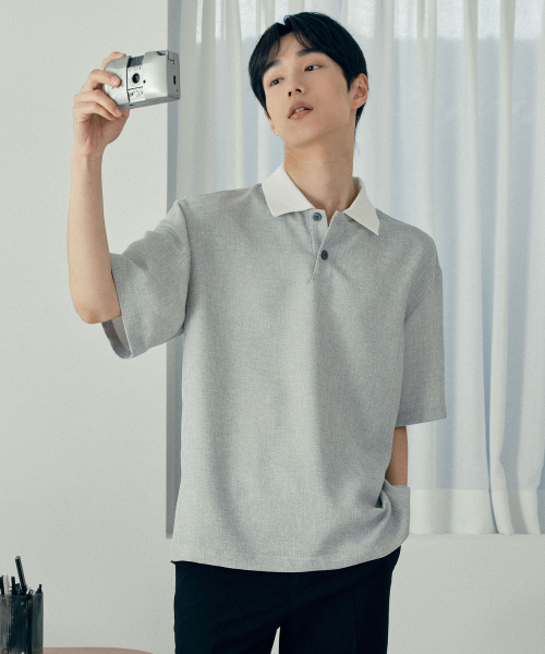 [COUTURE]Collar Point Pullover Gray Oversized Fit Short-Sleeved Shirt