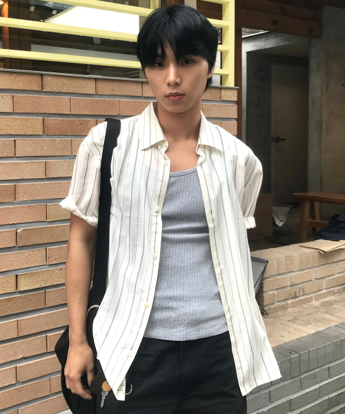 [COUTURE]RN Blended Stripe Oversized Fit Short Sleeve Shirt - 2 colors