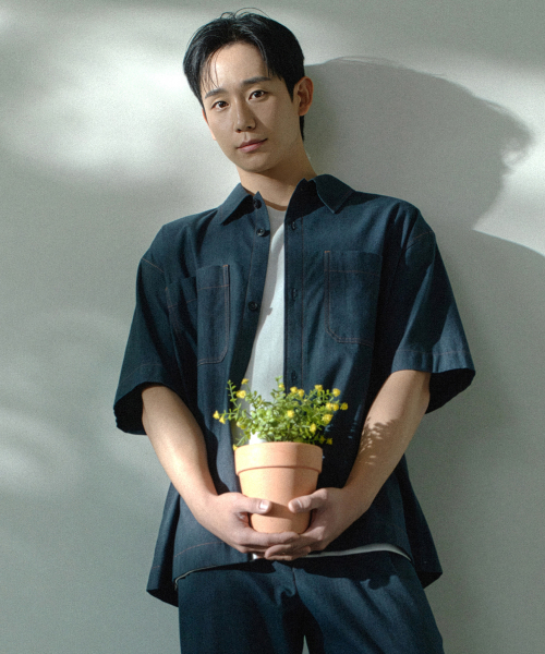[COUTURE]linen blended denim like overfit short-sleeved shirt