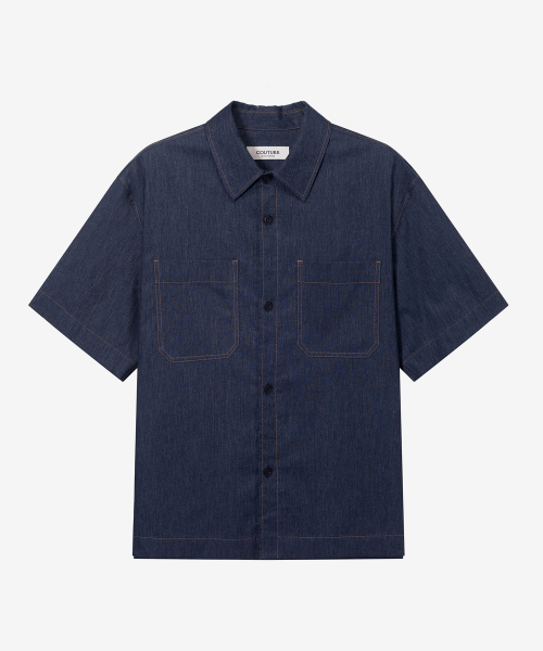[COUTURE]linen blended denim like overfit short-sleeved shirt