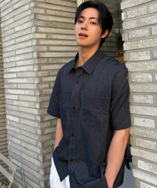 [COUTURE]linen blended denim like overfit short-sleeved shirt