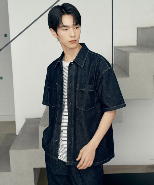 [COUTURE]7oz Nonfade Indigo Denim Oversized Fit Short-Sleeved Shirt