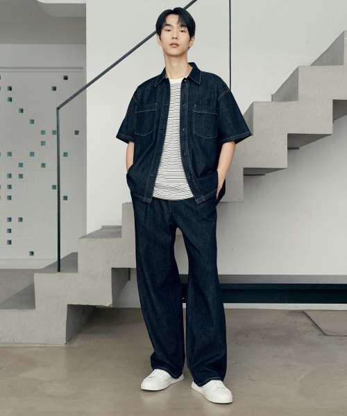 [SET][COUTURE]7oz Nonfaded Indigo Denim Oversized Fit Short-Sleeved Shirt Set-up