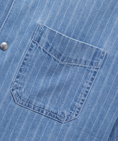 Stripe denim oversized fit pocket short-sleeved shirt