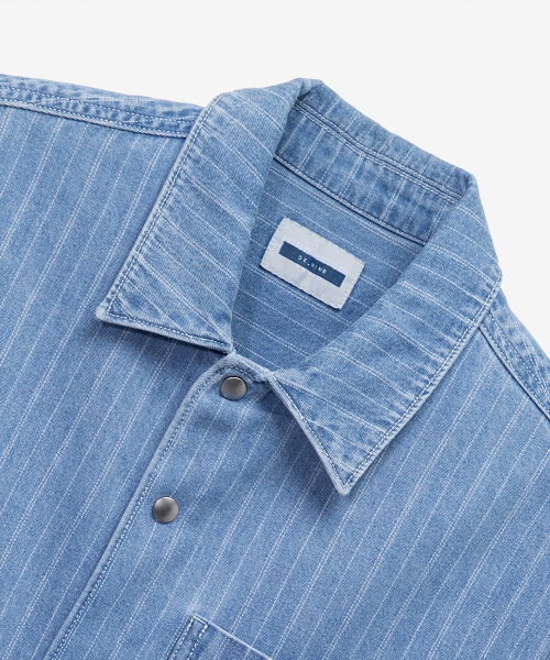 Stripe denim oversized fit pocket short-sleeved shirt