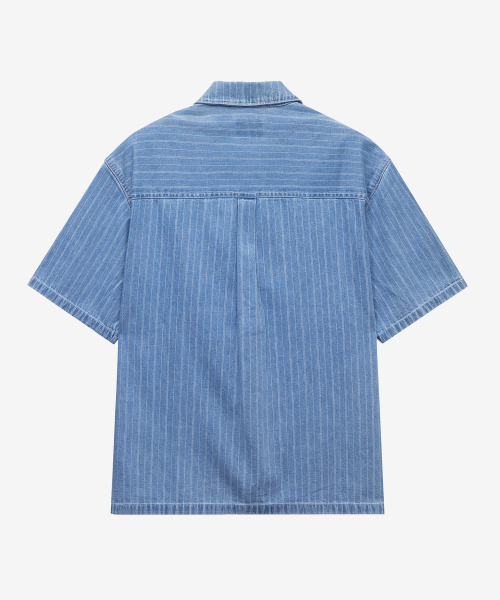 Stripe denim oversized fit pocket short-sleeved shirt