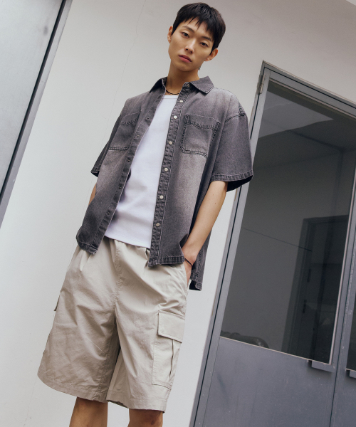 7ozVintage washing gray denim overfit short-sleeved shirt