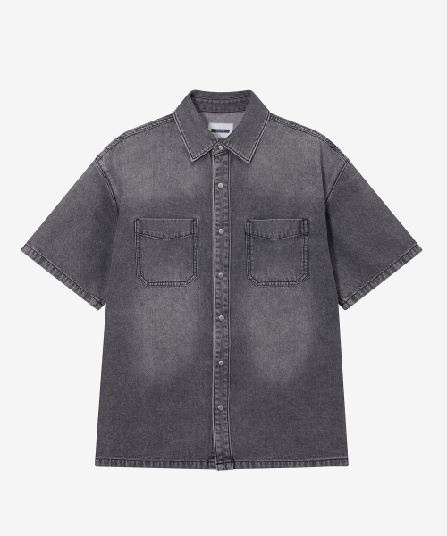 7ozVintage washing gray denim overfit short-sleeved shirt