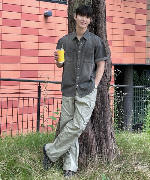 7ozVintage washing gray denim overfit short-sleeved shirt