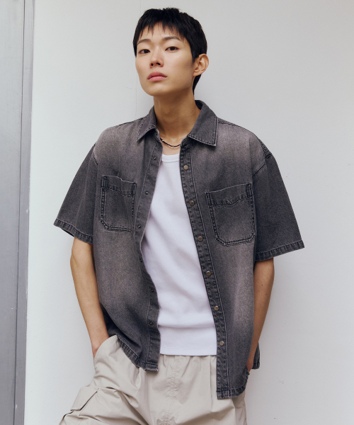 7ozVintage washing gray denim overfit short-sleeved shirt