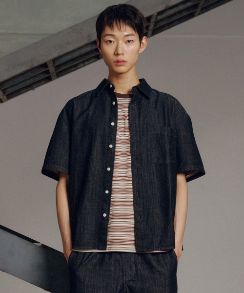 linen like denim overfit daily short-sleeved shirt - 3color