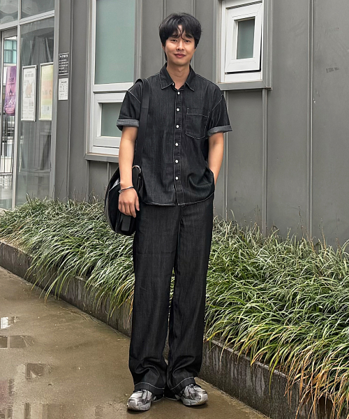 linen like denim overfit daily short-sleeved shirt - 3color