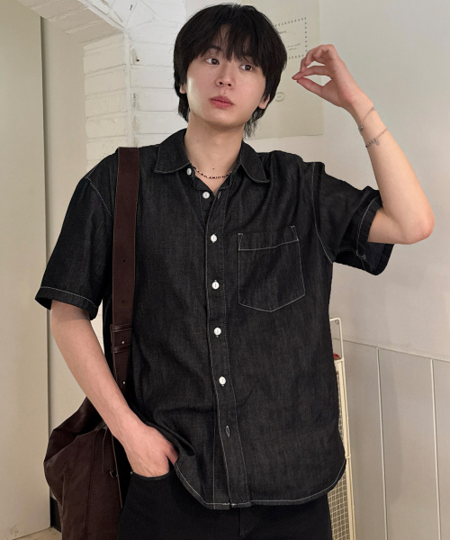 linen like denim overfit daily short-sleeved shirt - 3color