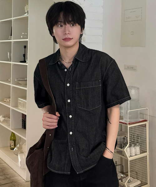 linen like denim overfit daily short-sleeved shirt - 3color