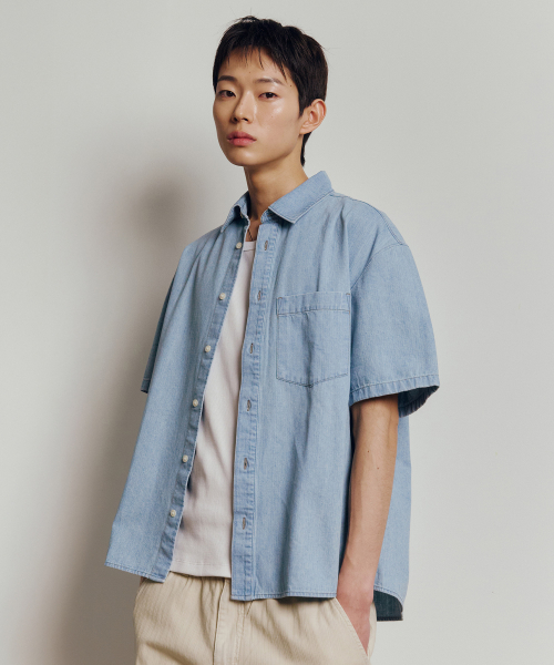 [2PACK]linen like denim overfit daily short-sleeved shirt - 3color