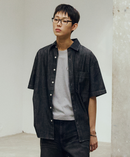 [2PACK]linen like denim overfit daily short-sleeved shirt - 3color