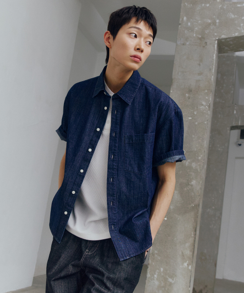 [2PACK]linen like denim overfit daily short-sleeved shirt - 3color
