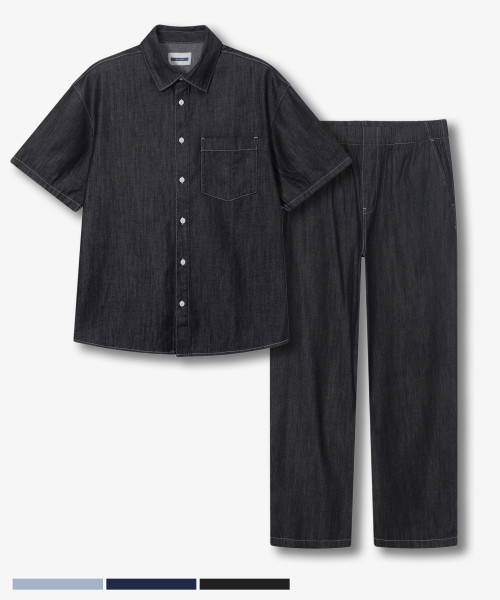 [SET]linen like denim shirt set-up - 3color