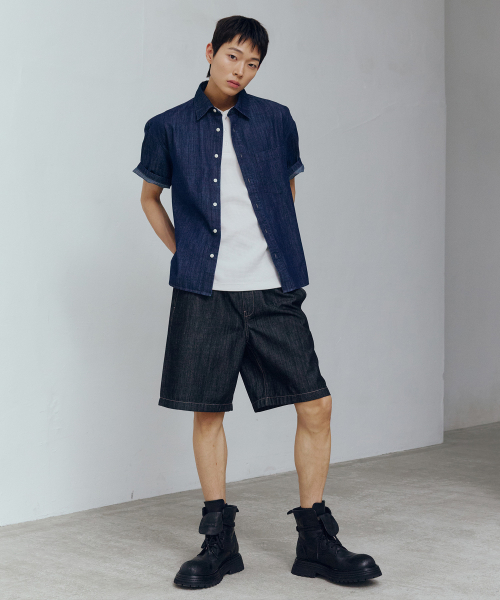 [SET]linen like denim shirt half pants setup - 3color