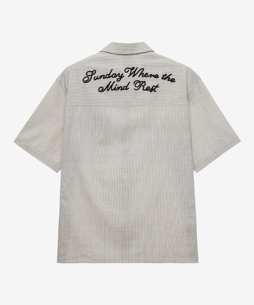 [UNS]mbroidered stripe oversized fit ivory short-sleeved shirt