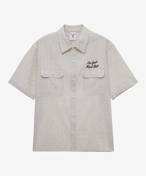 [UNS]mbroidered stripe oversized fit ivory short-sleeved shirt