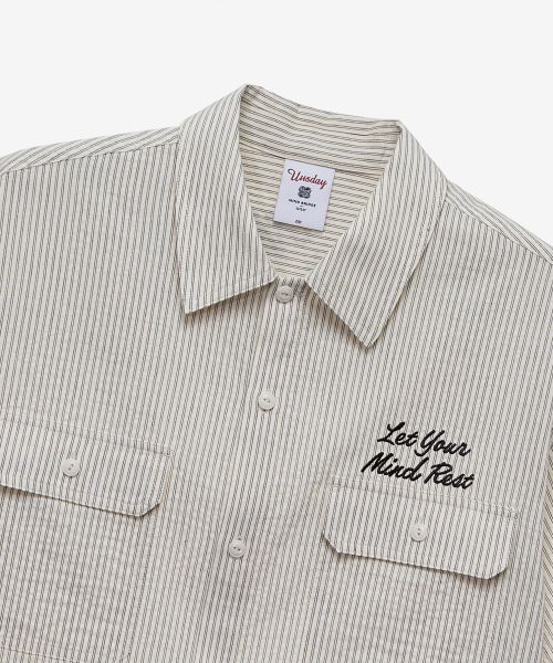 [UNS]mbroidered stripe oversized fit ivory short-sleeved shirt