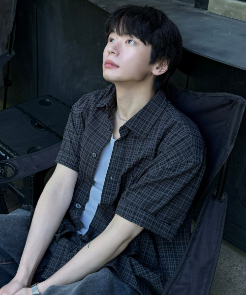 Dark Checkered Oversized Fit Short-Sleeved Shirt - 2color