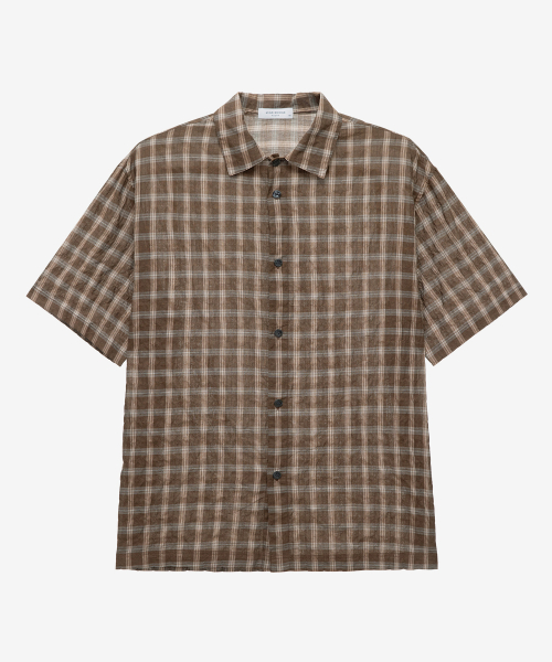 Checkered Oversized Fit Pocket Brown Short-Sleeved Shirt