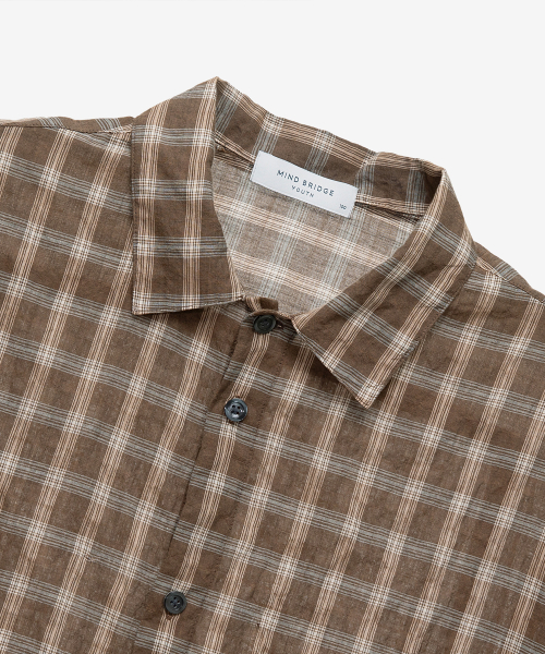 Checkered Oversized Fit Pocket Brown Short-Sleeved Shirt