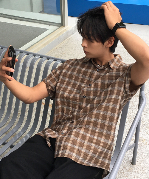 Checkered Oversized Fit Pocket Brown Short-Sleeved Shirt