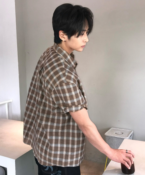 Checkered Oversized Fit Pocket Brown Short-Sleeved Shirt