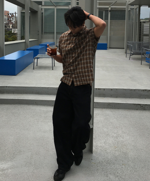 Checkered Oversized Fit Pocket Brown Short-Sleeved Shirt