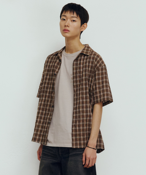 Checkered Oversized Fit Pocket Brown Short-Sleeved Shirt
