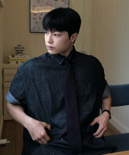 [ON]Stitch denim overfit daily short-sleeved shirt - 2color