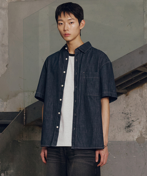 [ON]Stitch denim overfit daily short-sleeved shirt - 2color