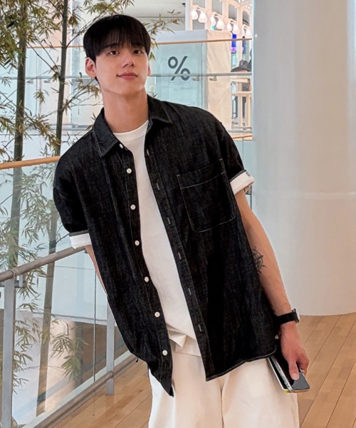 [ON]Stitch denim overfit daily short-sleeved shirt - 2color