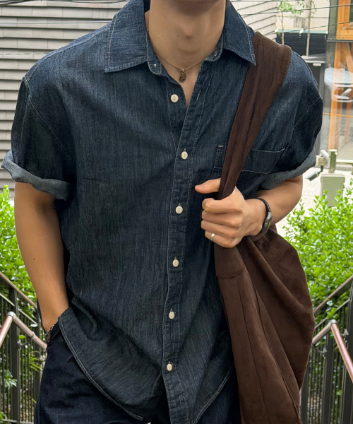 [ON]Stitch denim overfit daily short-sleeved shirt - 2color