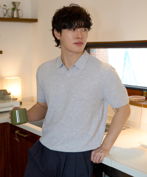 [ON]Washable cotton mixed collar short-sleeved knitwear - 3color