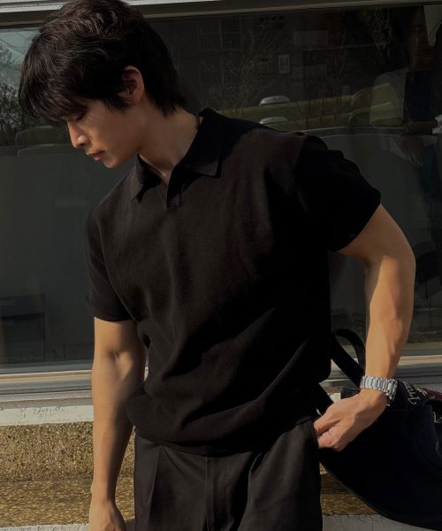 [ON]Washable cotton mixed collar short-sleeved knitwear - 3color