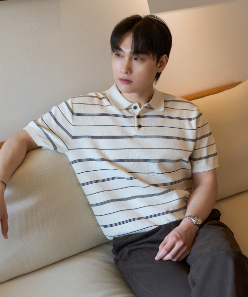 [ON]Washable Multi-Strip Collar Short Sleeve Knitwear - 4color