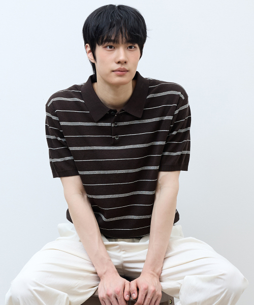 [ON]Washable Multi-Strip Collar Short Sleeve Knitwear - 4color