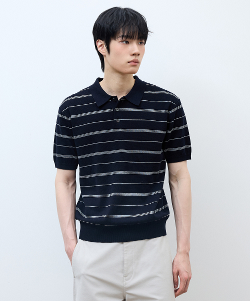 [ON]Washable Multi-Strip Collar Short Sleeve Knitwear - 4color