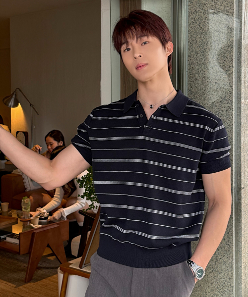 [ON]Washable Multi-Strip Collar Short Sleeve Knitwear - 4color