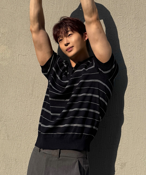 [ON]Washable Multi-Strip Collar Short Sleeve Knitwear - 4color