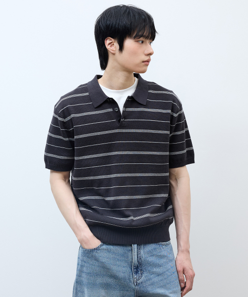 [ON]Washable Multi-Strip Collar Short Sleeve Knitwear - 4color