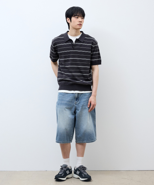 [ON]Washable Multi-Strip Collar Short Sleeve Knitwear - 4color