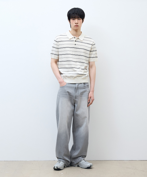 [ON]Washable Multi-Strip Collar Short Sleeve Knitwear - 4color