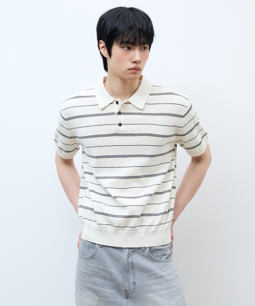 [ON]Washable Multi-Strip Collar Short Sleeve Knitwear - 4color