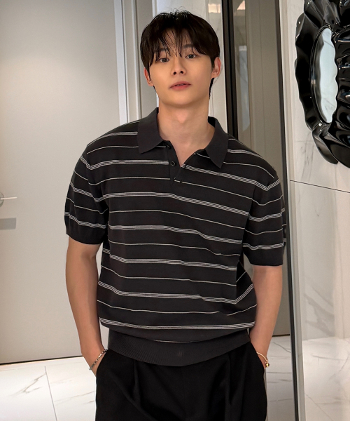 [ON]Washable Multi-Strip Collar Short Sleeve Knitwear - 4color
